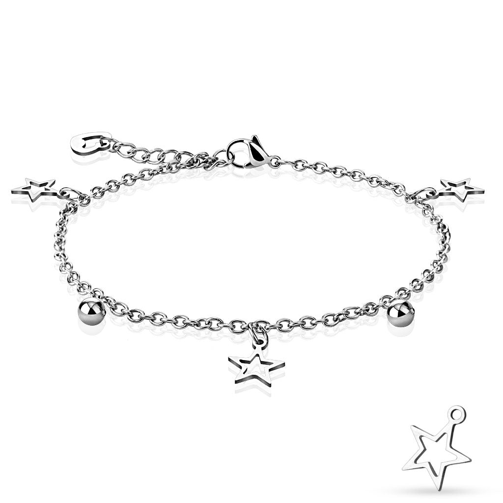 Star, Ball, and Heart Dangling Charm Chain 316L Stainless Steel Anklet/Bracelet